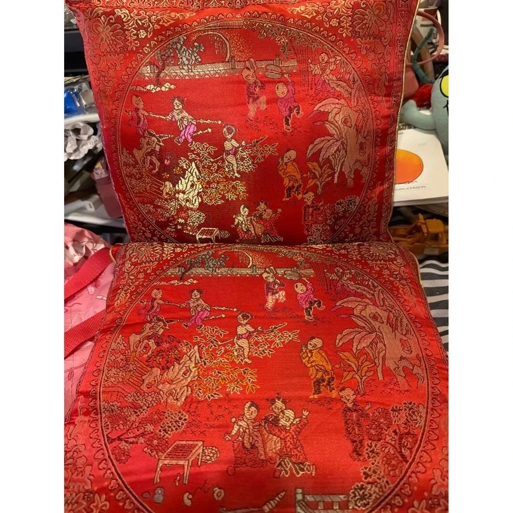 Vintage Chinese Red Silk Brocade Throw Pillows Set of 2 Children Playing Scene